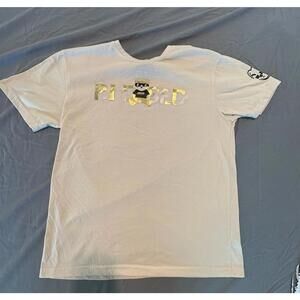 CR 24 White with Gold metallic BLESSED Bear Beige Short Sleeve Shirt Sz L (A18)